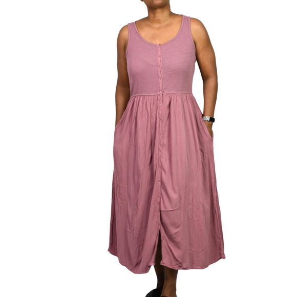 Frye Easy Button Front Dress Pink Mauve Tank Jersey Knit Pockets Rayon Medium - Picture 13 of 15